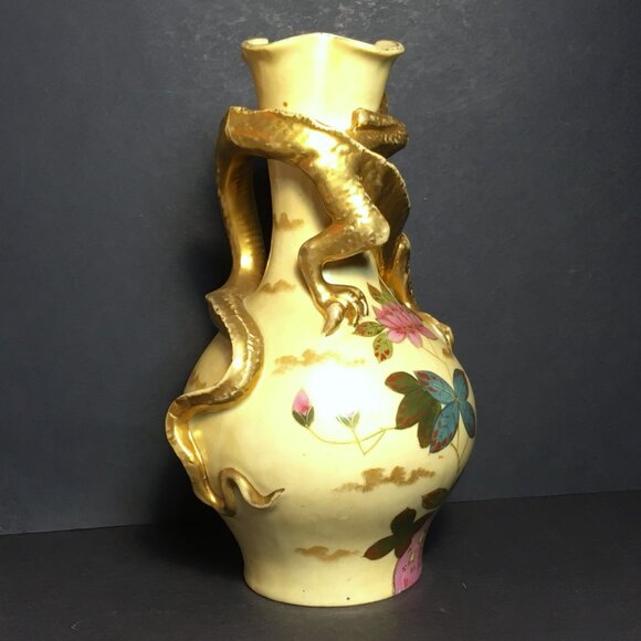 Victoria Carlsbad Art Nouveau Dragon Vase Gold and Floral Accents Please Read - Picture 12 of 15